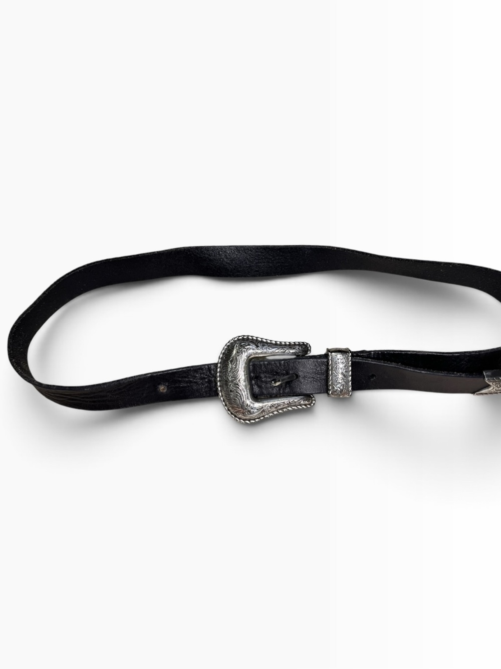 Vintage 1998 Black Leather Western-Style Belt with Silver Buckle